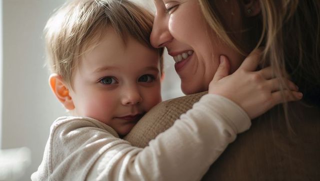Mother cuddling toddler by window, sharing gentle hug in soft natural light