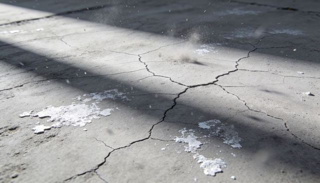 Cracked concrete roof with radial fissures, peeling paint flakes and dust puff shadows