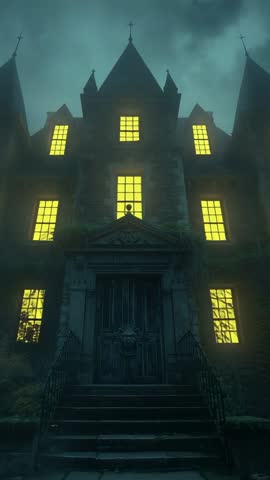Glowing Gothic Manor Windows Revealing Emerging Silhouette in Vertical Night Video