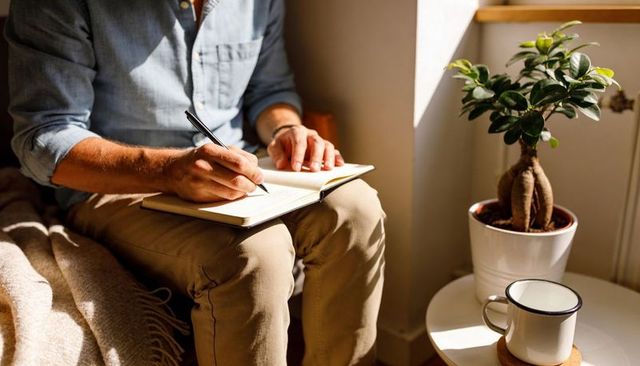 Man writing in journal at sunlit window, cozy home workspace with mug and bonsai plant