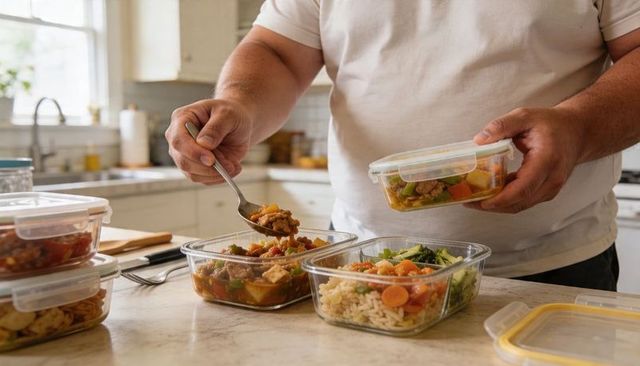 Man portioning home-cooked stew into glass meal prep containers for weekly food storage
