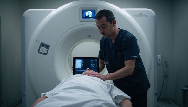 Radiology technologist adjusting patient on ct scanner while operating tablet monitor