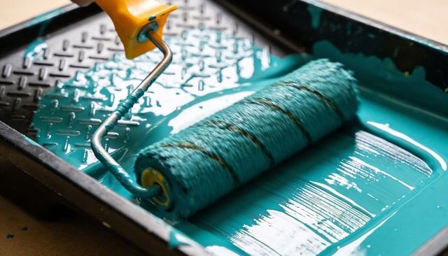 Teal Paint Roller Loading Paint in Tray Closeup for Home Renovation and DIY Projects