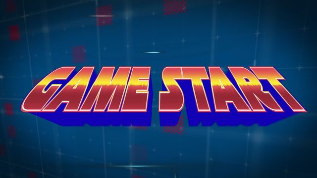 This design features a vibrant and dynamic 'Game Start' animation with a blue background and striking squares and lines graphic elements. The retro and playful style makes it ideal for use in video game branding, leisure-themed presentations, and entertainment platforms that embrace a nostalgic aesthetic. Suitable for illustrating concepts tied to video games, startup sequences, and interactive storytelling.