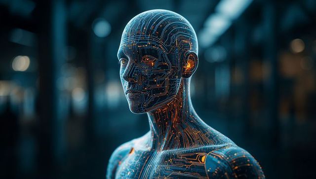 Futuristic Android with Glowing Circuit Paths in Data Lab