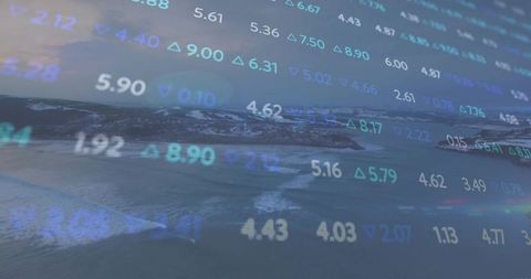 Abstract Stock Market Data Overlaid on Tranquil Mountainscape