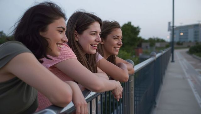 Three women leaning on overpass railing, smiling and looking ahead, urban friendship moment