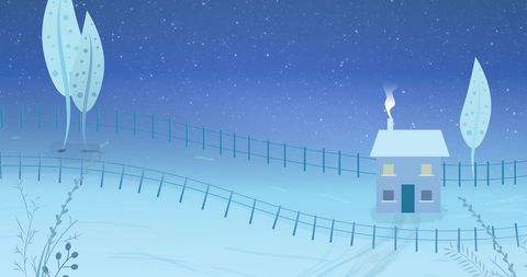 Winter Night with Snowy House and Starry Sky Illustration