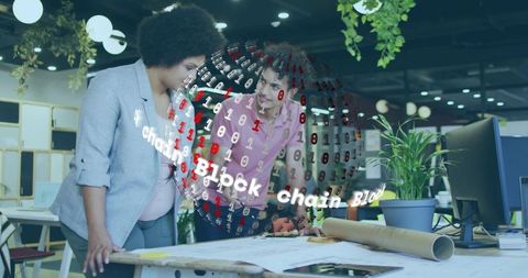 Colleagues analyzing projects with blockchain hologram in modern office