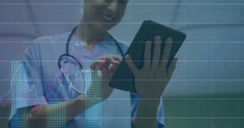 Healthcare Professional Analyzing Data on Tablet with Graphs Overlay