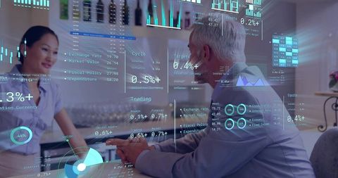 Financial advisor consulting asian woman while analyzing ar finance data overlays