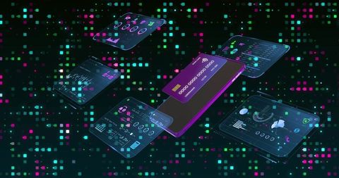 Smartphone projecting holographic fintech dashboards with floating credit card, neon data
