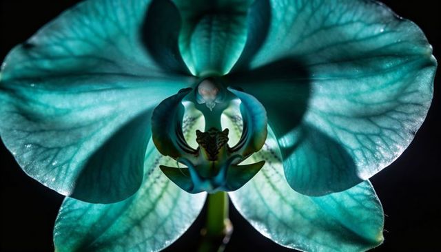 Teal orchid bloom glowing with backlit veining and velvety labellum, macro floral detail