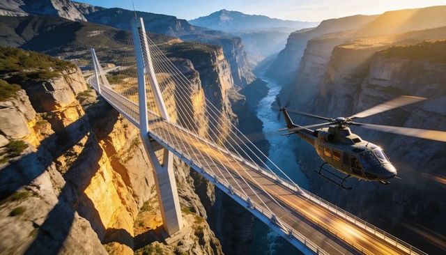 Helicopter flying along cable-stayed bridge over deep canyon at golden hour