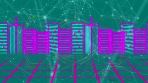 Futuristic Cityscape with Digital Network and Data Processing