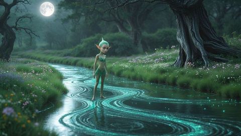 Mystical elf in moonlit enchanted forest scene with magical stream