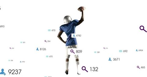 American football player with raised football amidst digital icons