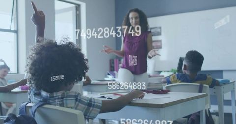 Curly-Haired Student Engaging in Class with Teacher Presenting