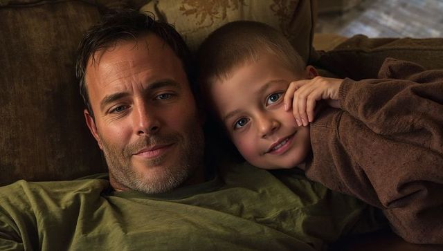 Father and son relaxing and cuddling on cozy brown sofa, intimate home family moment