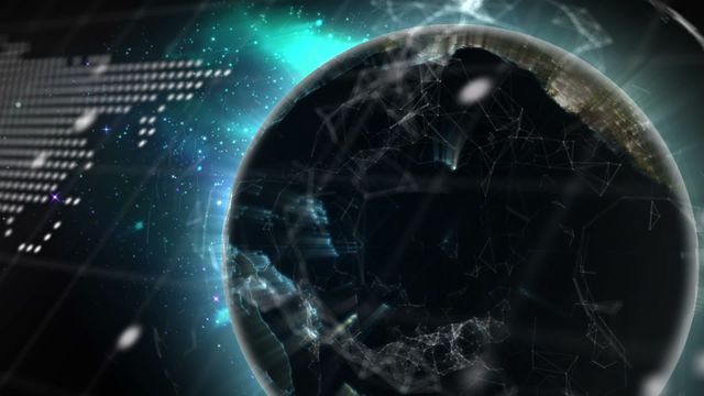 Cybernetic display featuring an animated globe surrounded by a network of digital connections. Illustration highlights technology concepts such as global communication, networking, and big data. Useful for presentations on technological advancements, digital communication strategies, and future tech innovation themes.