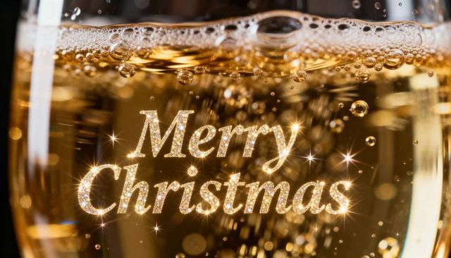 Sparkling merry christmas lettering in champagne flute with rising golden bubbles