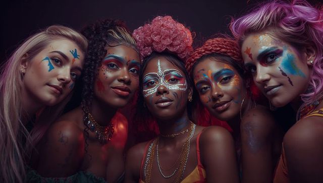 Diverse models with vibrant face paint and floral headbands