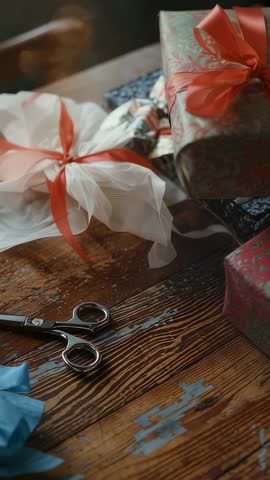 Panning across rustic craft table revealing wrapped gifts, ribbons, bows and scissors