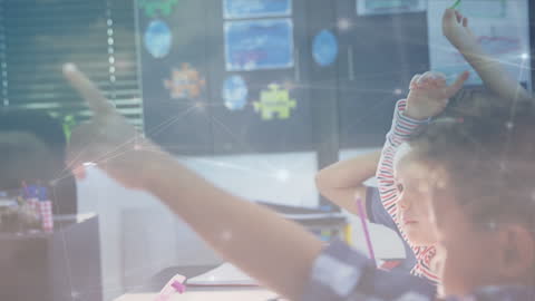 Schoolchildren Engaged in Class with Digital Connections Overlay