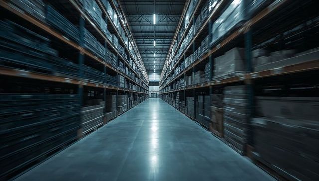 Large warehouse aisle with metal storage shelves