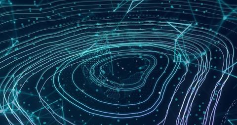 Futuristic digital network with neon contour rings in cyberspace