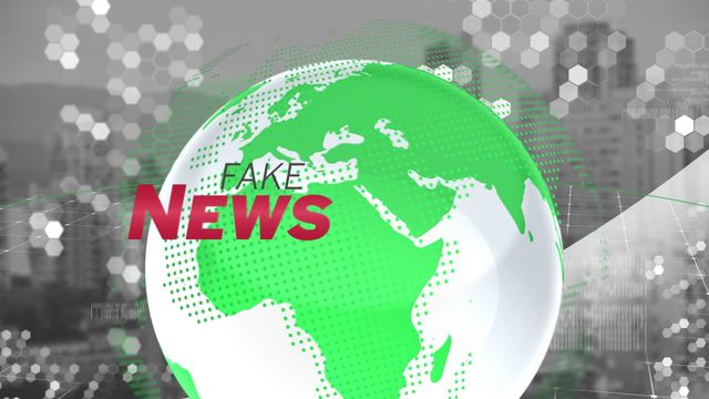 This image combines a digital rendering of a globe with the words 'fake news' prominently displayed, set against a blurred cityscape. Used to illustrate themes of media misinformation and the impact of fake news across global communication networks. Ideal for articles about media literacy, social media influence, or journalism studies.