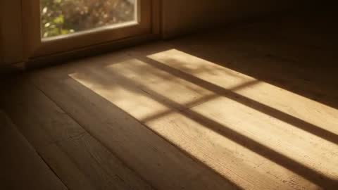 Streaming Sunlight Casting Window Grid Shadow Across Wood Floor, Leaves Shifting in Breeze