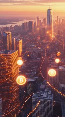 Floating Bitcoin Coins Drifting Over Sunset Cityscape Creating Futuristic Crypto Trail
