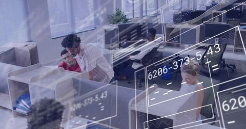 Leaning colleague pointing at monitor in open-plan office with digital HUD overlays