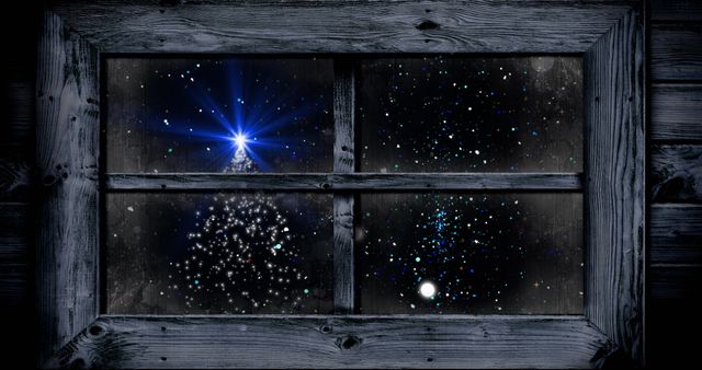 Christmas Tree and Falling Snow Seen Through Rustic Window - Download Free Stock Images Pikwizard.com