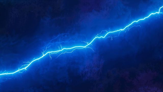 Electric-blue lightning bolt strikes through dark sky