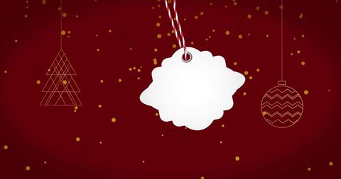 Festive Red Background with Gift Tag and Christmas Ornament Designs