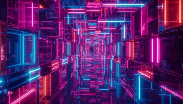 Vibrant cyberpunk tunnel with neon lights and reflective surfaces