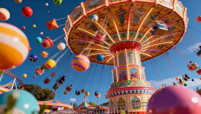 Spinning ornate swing carousel brightly lit on colorful fairground with floating balloons