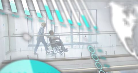 Nurse pushing wheelchair patient along bright hospital corridor with glass handrails
