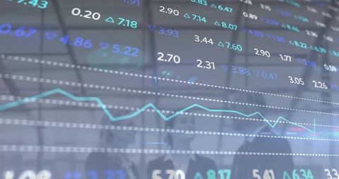 Translucent Financial Market Dashboard with Cyan Trend Line and Suited Team in Boardroom