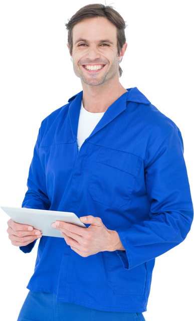 Transparent Happy Mechanic Holding Digital Tablet Displaying Friendly Smile in Blue Job Jacket - Download Free Stock Videos Pikwizard.com