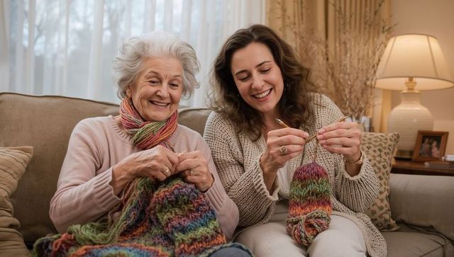 Grandmother and daughter knitting together on cozy sofa sharing colorful yarn and bonding