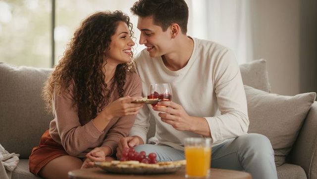 Young couple sharing wine and crackers on cozy sofa, intimate romantic at-home moment