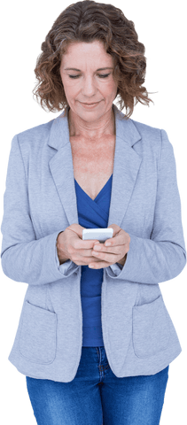 Creative businesswoman texting on smartphone transparent background