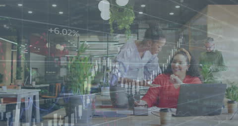 Business Team in Modern Office Analyzing Financial Data with Digital Chart Overlay