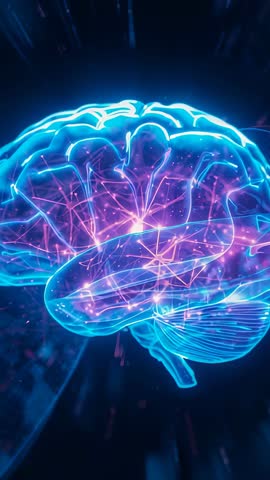 Restarting Neon Brain Model Sparking Pink Neural Network Glowing in Futuristic Vertical Clip