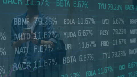 Man Analyzing Financial Data on Smartphone Overlayed with Stock Market Figures
