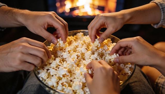 Hands reaching into shared popcorn bowl by fireplace cozy movie night together