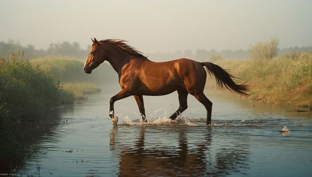 Chestnut horse trotting embrace nature in verdant wetendscape